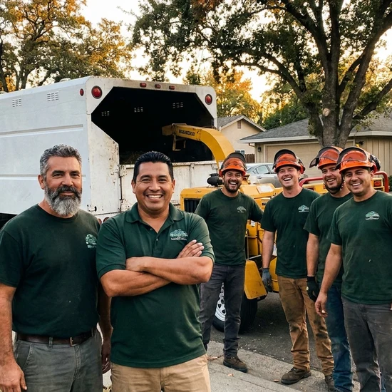 Tree service owner and crew with chip truck on a Philadelphia street